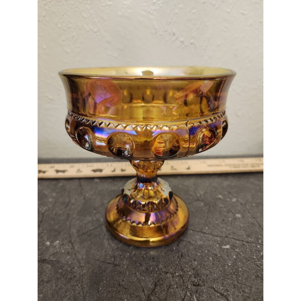 Carnival Glass Kings Crown Blue Iridescent Pedestal Compote Vintage
